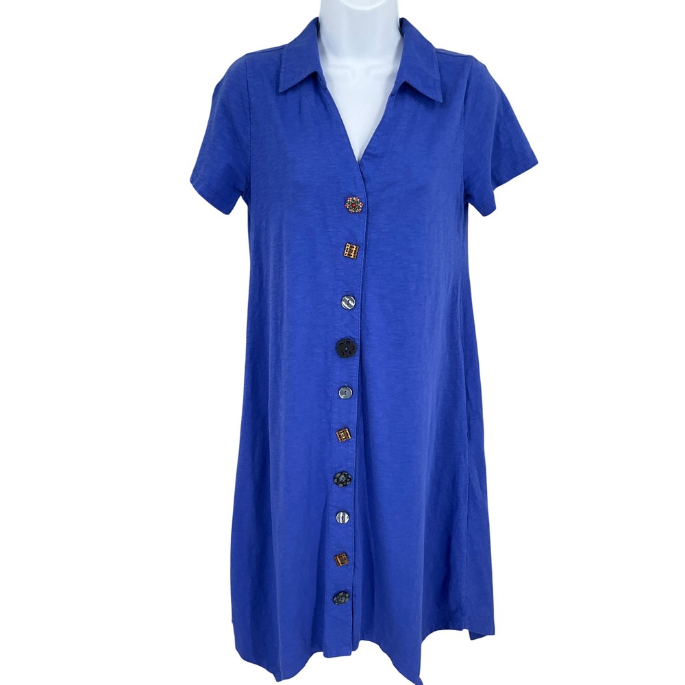 Soft Surroundings Shirt Dress Women XS Blue Cotton Mismatched Button Boho Art